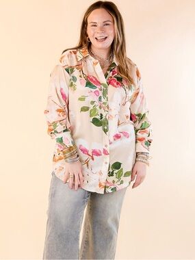 ENTRO Floral Button-Up Blouse in Cream with Pink & Green